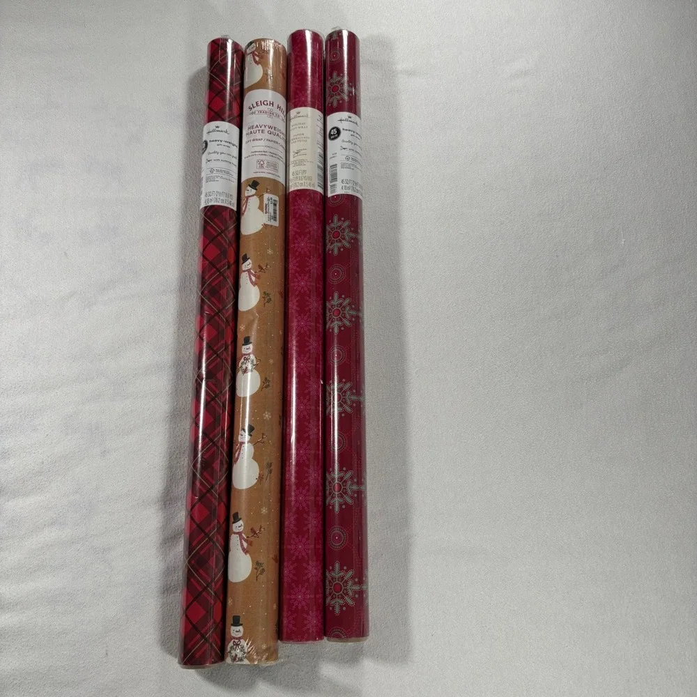 Hallmark Sleigh Hill Gift Wrap Bundle 4 Rolls Red Plaid Snowman New Heavyweight